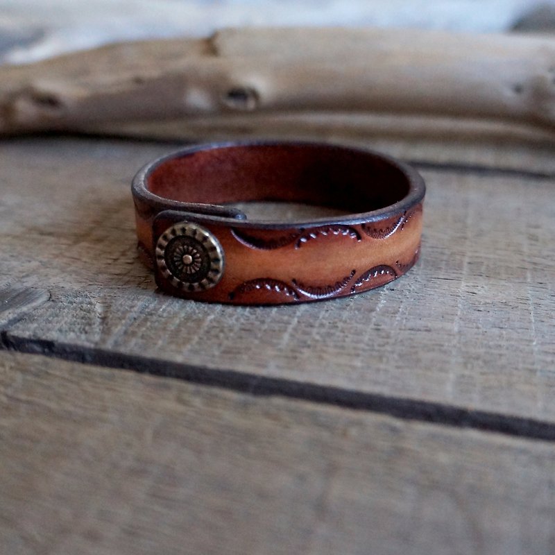 Handmade custom totem leather carving leather bracelet crescent - Bracelets - Genuine Leather Brown