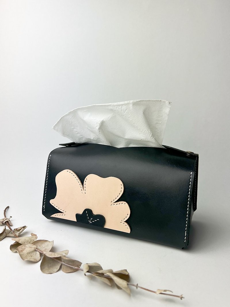 [Free name engraving] Poppy cowhide handmade Tissue Box l black - Tissue Boxes - Genuine Leather 