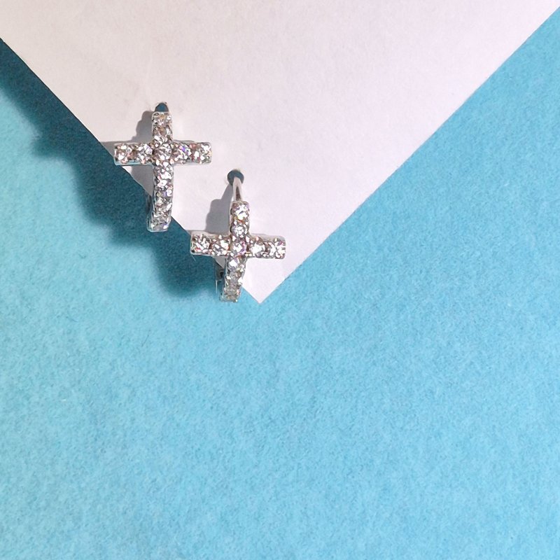 【比法一生】易扣式耳環—守護十字  純銀925手作飾品 - 耳環/耳夾/耳骨夾 - 銀 銀色