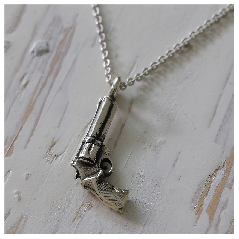 gun Vintage silver Pendant Necklace handmade tiny gift her - Necklaces - Other Metals Silver