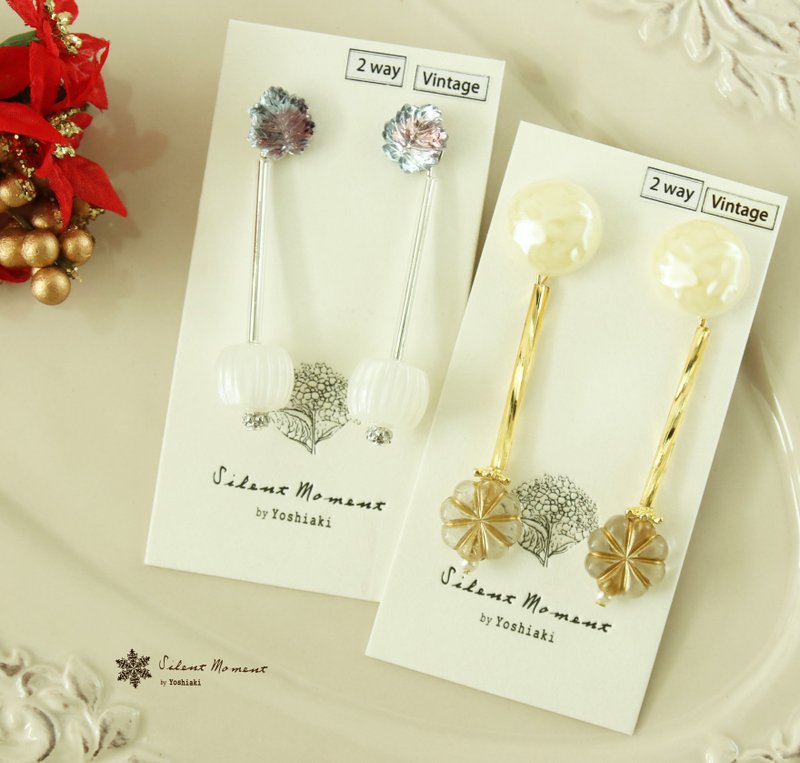 Golden Flower/Blue Leaf Ear Stickers x Pendants 2way Dual-Purpose Ear Hooks Japanese Metal Accessories - ต่างหู - อะคริลิค หลากหลายสี