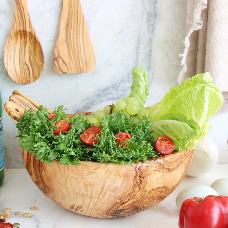 クラシックな木製サラダボウル-24cmの特大一体型調理用木製ボウル - 茶碗・ボウル - 木製 ブラウン