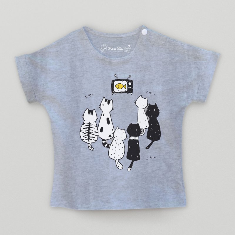 Kid-Cat watching TV kids T-shirt - เสื้อยืด - ผ้าฝ้าย/ผ้าลินิน สีเทา