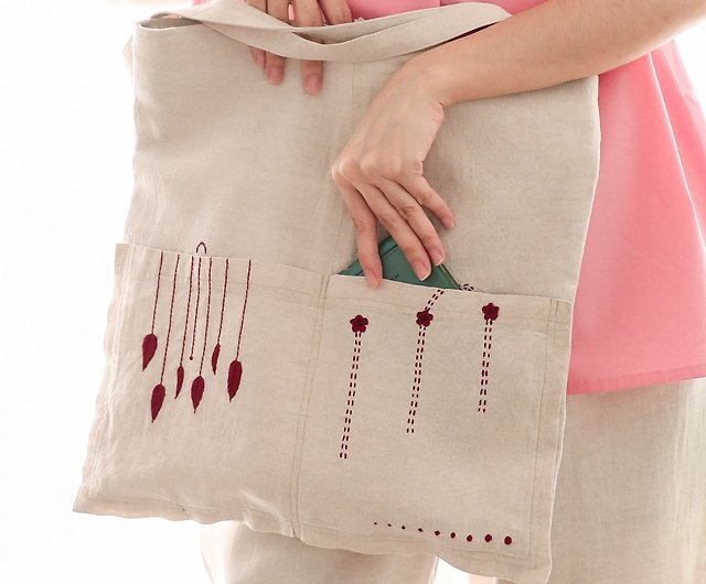 Natural linen tote bag hand embroidery bag handmade bag - Beige