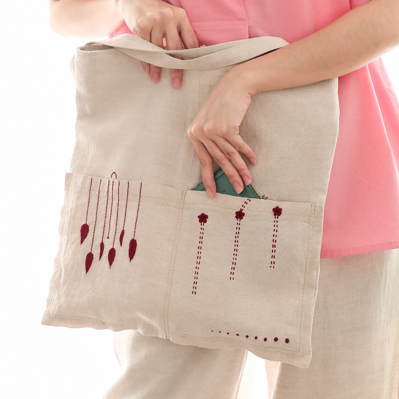 Natural linen tote bag hand embroidery bag handmade bag - Beige with red floral - Handbags & Totes - Linen White