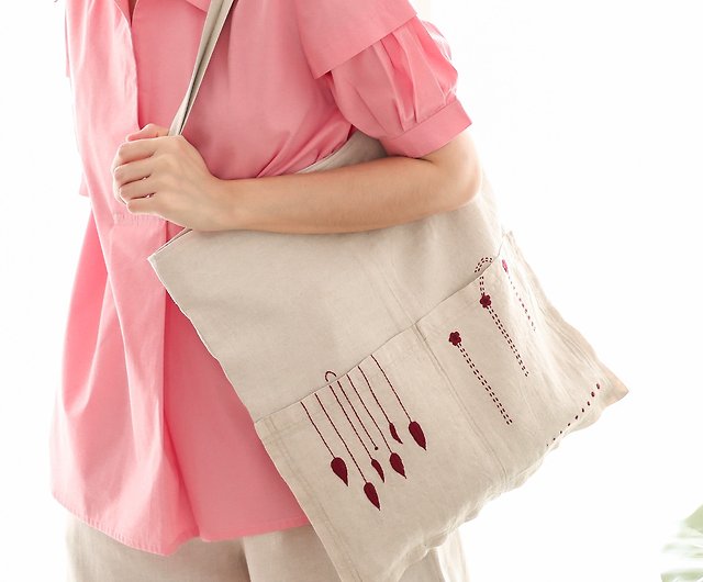 Reversible Linen Tote Bag Honey Embroidery Option 