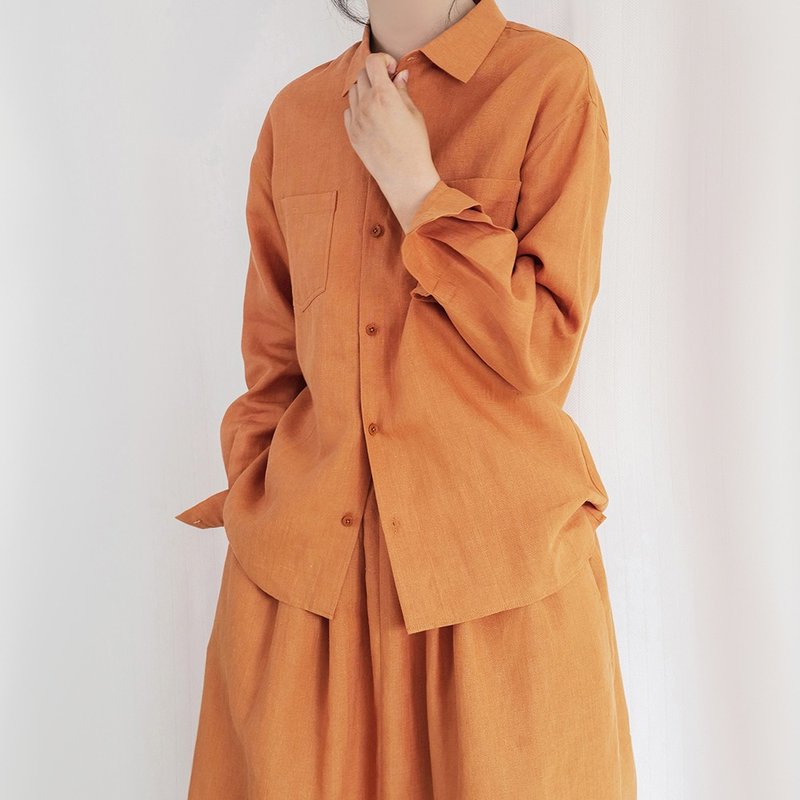 板栗研衣所 | 支線GM 胡蘿卜橙亞麻單層長袖常規領基礎款襯衫 - 女襯衫 - 棉．麻 