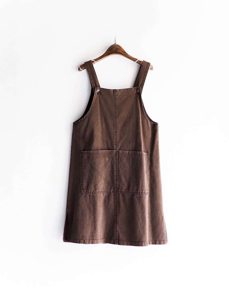 River Hill - Tea time chocolate cocoa dressmaker skirt suspenders denim coveralls overalls oversize vintage neutral Japan - ชุดเดรส - ผ้าฝ้าย/ผ้าลินิน สีนำ้ตาล