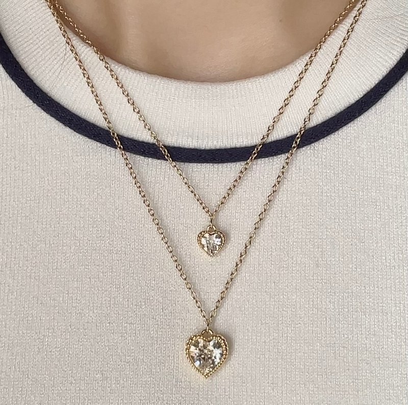 Double Chain Necklace Swarovski Simple Elegant Heart 24K Gold Plated Plating - 項鍊 - 玻璃 白色