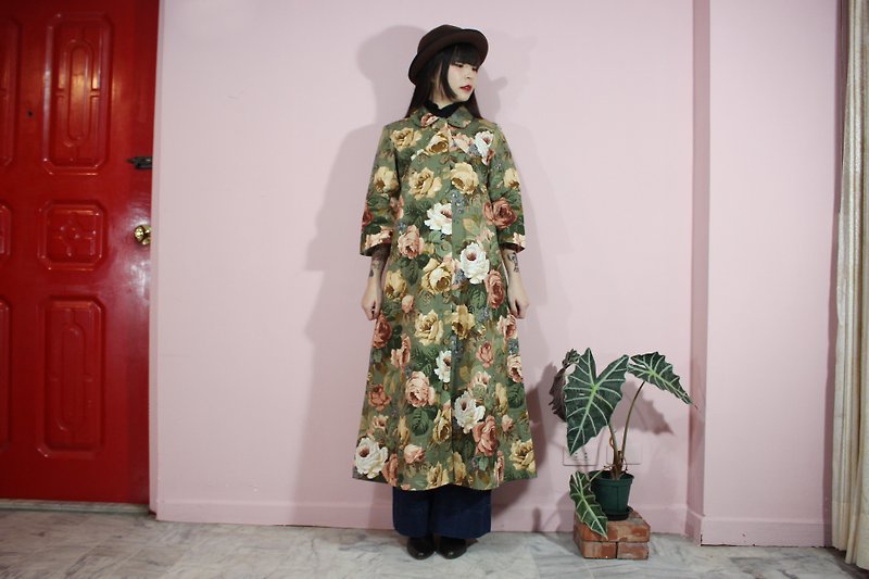 (Vintage Jacket) (Made in Japan) Green Classic Flower Cover Buckle Coat (Yohko-Tokyo-Kobe) - เสื้อแจ็คเก็ต - ผ้าฝ้าย/ผ้าลินิน สีเขียว