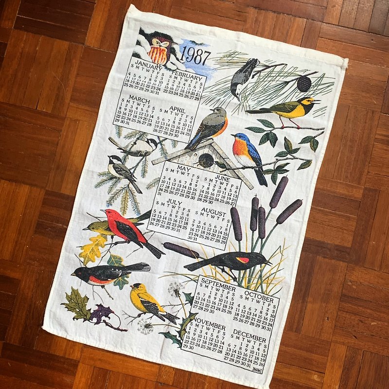 1987初期のアメリカの布カレンダー鳥 - ウォールデコ・壁紙 - コットン・麻 多色