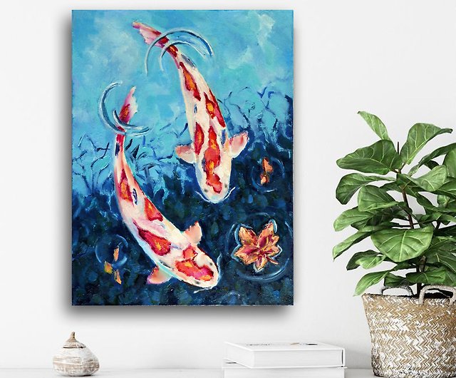 锦鲤的绘图, Koi Fish Oil Painting On Canvas, Original Koi Fish Wall Art,锦鲤图片 -  Shop Fenggallery Posters - Pinkoi