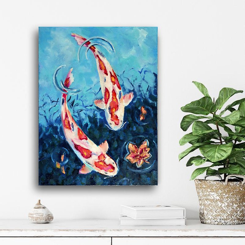 锦鲤的绘图, Koi fish oil painting on canvas, Original koi carp wall art, 鯉魚畫 - 掛牆畫/海報 - 棉．麻 藍色