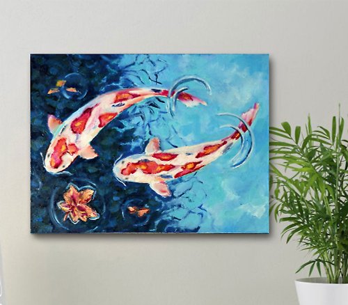 キャンバスに鯉の油絵、オリジナルの鯉の魚の壁アート、锦鲤の図