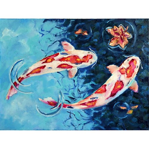 锦鲤的绘图, キャンバスに鯉の油絵, オリジナルの鯉の魚のウォール