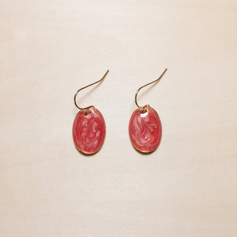 Vintage red drip glaze oval earrings - ต่างหู - สี สีแดง