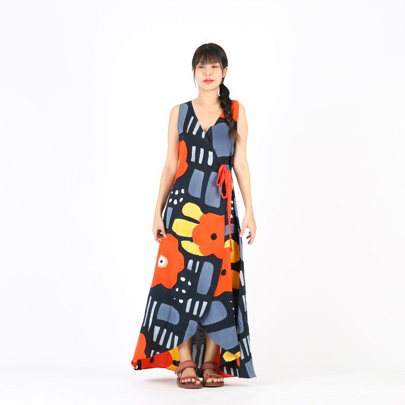 Long Dress Wrap Cotton Rayon Hand Paint - 洋裝/連身裙 - 棉．麻 橘色