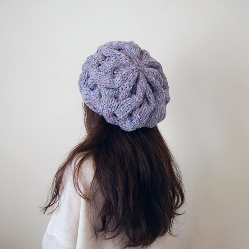 出清-粗針麻花可拆毛球針織毛線貝蕾帽-紫藤 - 帽子 - 羊毛 藍色