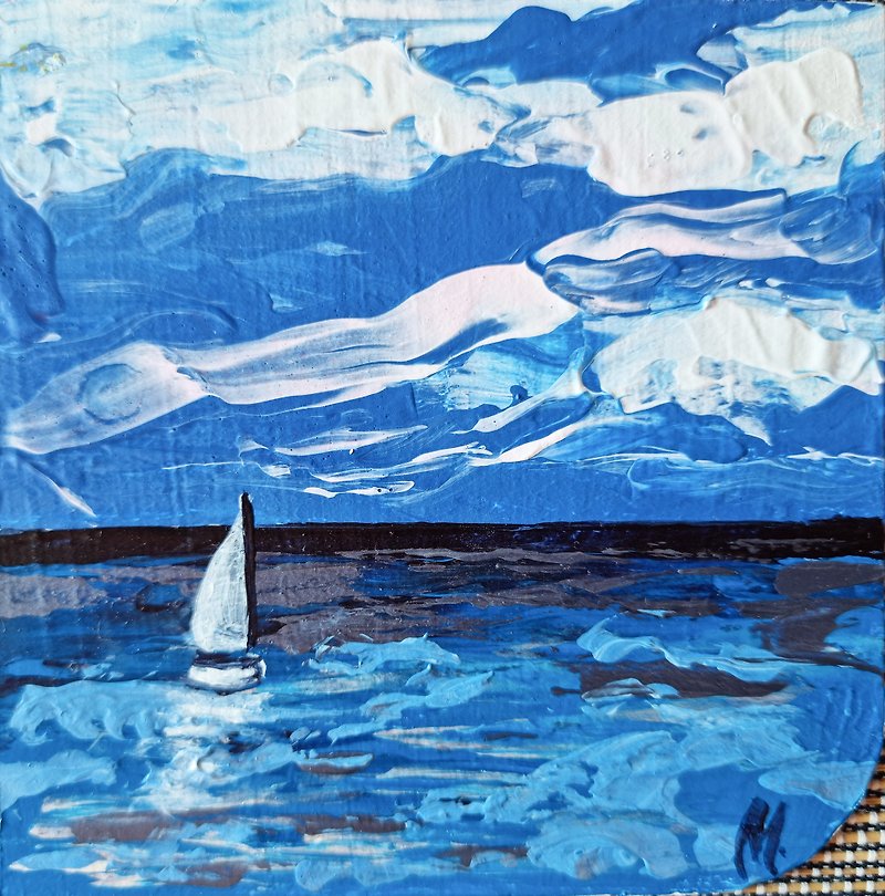 Boat Painting Sailboat Seascape Original Art Yacht Nautical Pleasure Holidays - 掛牆畫/海報 - 其他材質 藍色