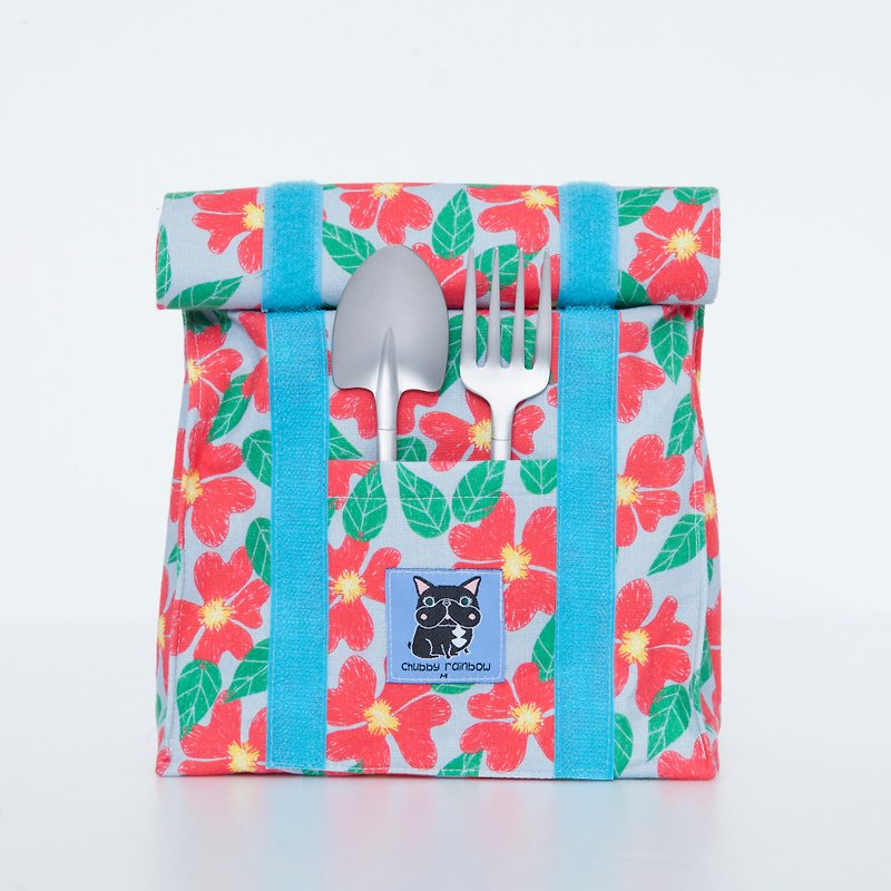 Safflower with green leaves cold insulation bag picnic bag washable handy lunch bags - gray-blue - ถุงใส่กระติกนำ้ - ผ้าฝ้าย/ผ้าลินิน สีน้ำเงิน