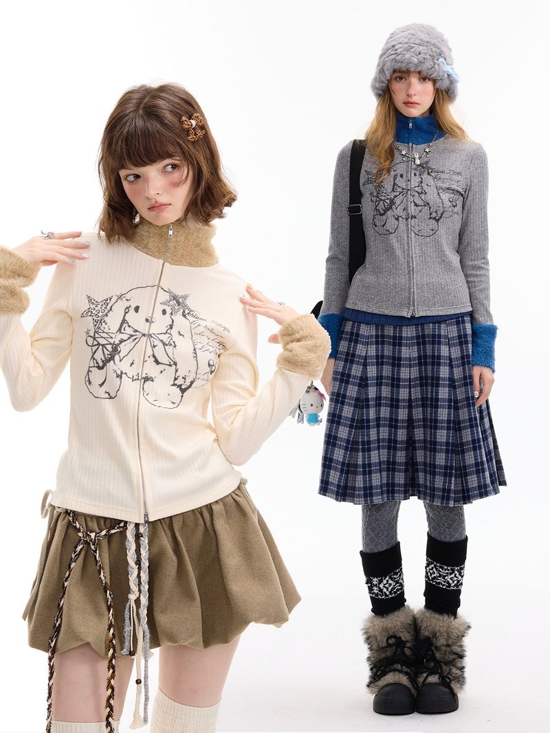 ziziFei 秋冬 アメリカンスタイル スプライシング ファーカラー ジッパー ウサギプリント ハイカラー インナーウェア トップス ニット ボトムス シャツ レディース - ニット・セーター - その他の素材 