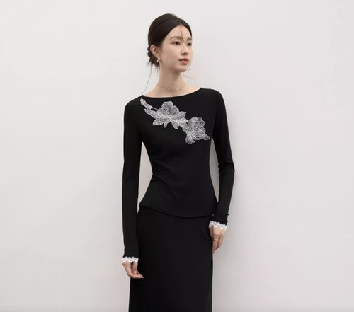 JANSAN 見衫 法式極簡 蘭精天絲提花針織上衣 手工蕾絲釘花半裙套裝