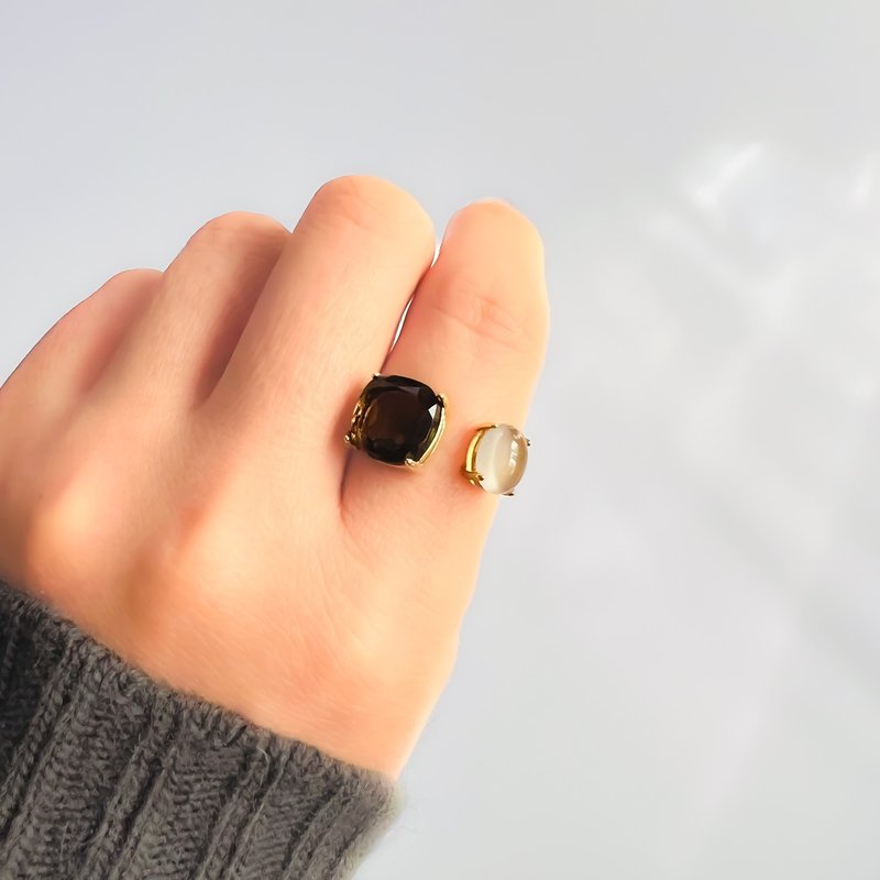 Smoky quartz and grey onyx Ring【gift box】 - リング・指輪 - 半貴石 ブラウン