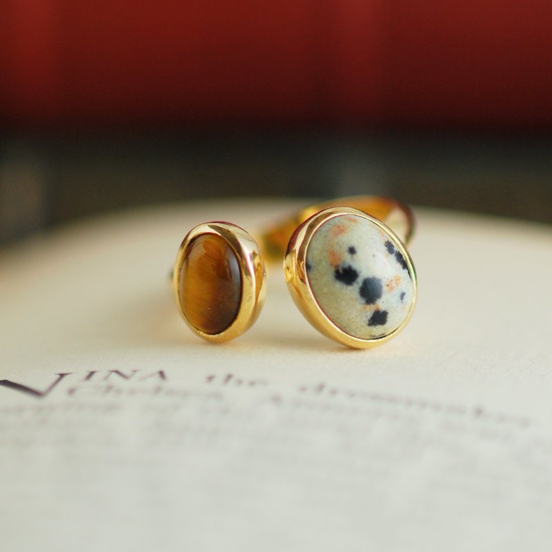 Dalmatian Jasper / Tiger Eye Double Stone Ring [Made-to-Order] - แหวนทั่วไป - เครื่องประดับพลอย สีนำ้ตาล