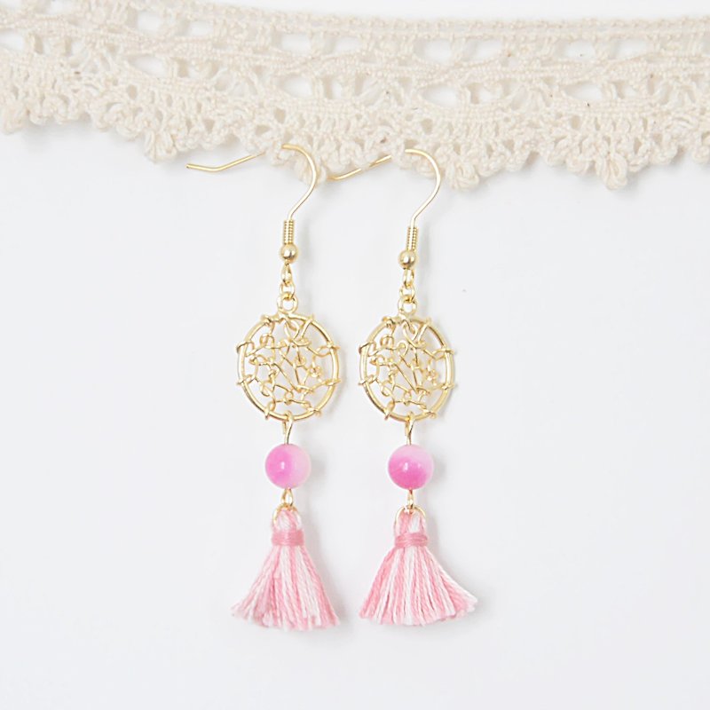 Love Dream Catcher Earrings Peach Chalcedony - Earrings & Clip-ons - Gemstone Pink