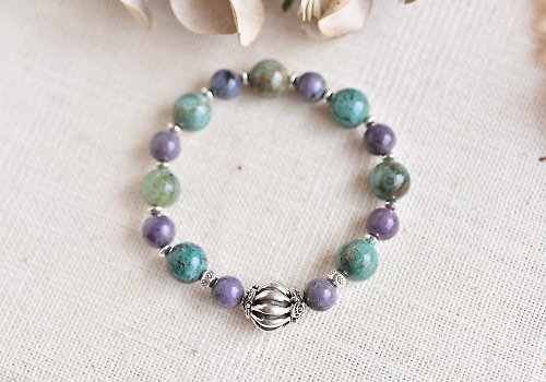 CaWaiiDaisy Handmade Jewelry 玉化鳳凰石+藍紫色藍線石+橫紋刻面珠純銀手鍊