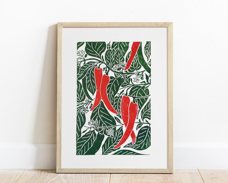 Red chili pepper green plant Linocut print Botanical wall art kitchen decor - Posters - Paper Green