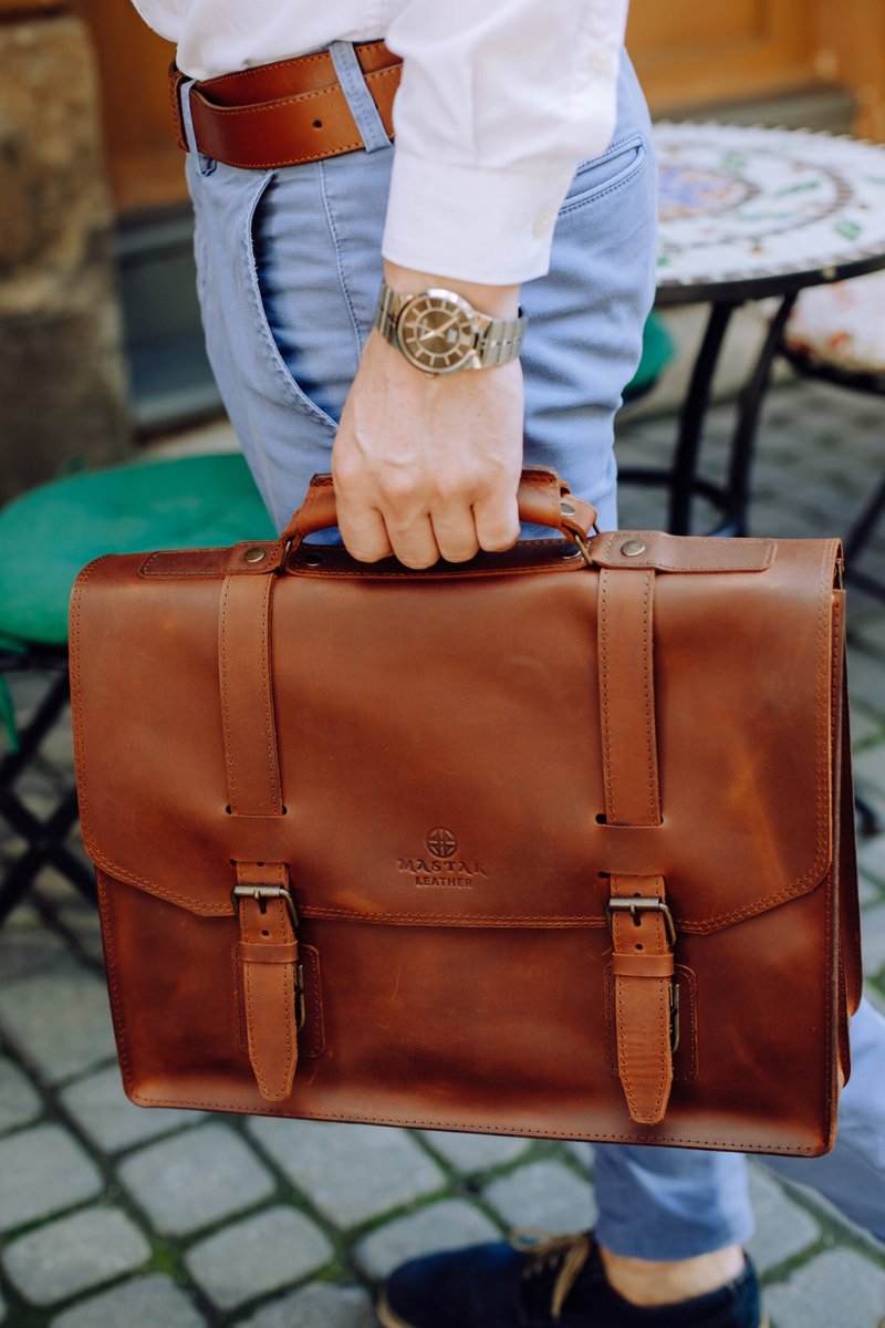 Mens leather briefcase London - Laptop Bags - Genuine Leather Brown