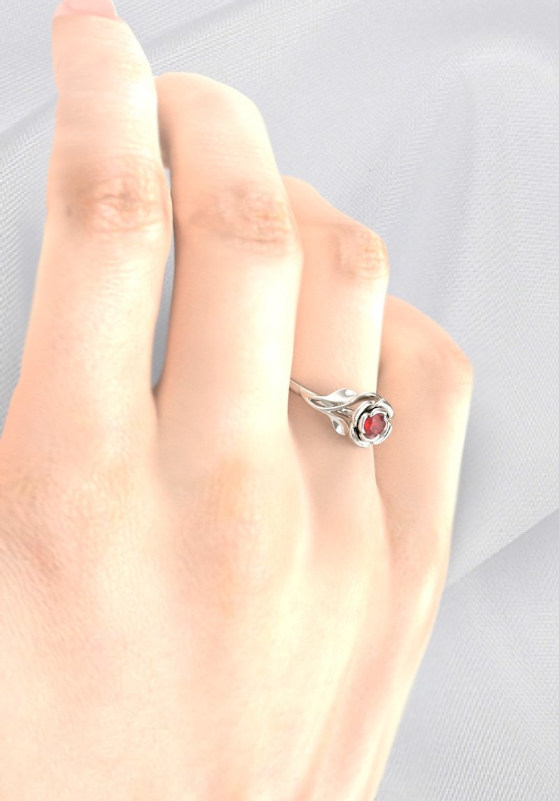 Ruby Flower rose ring, 925 Silver with  18K white Gold Plating, Gift for her - แหวนทั่วไป - เครื่องประดับ สีนำ้ตาล