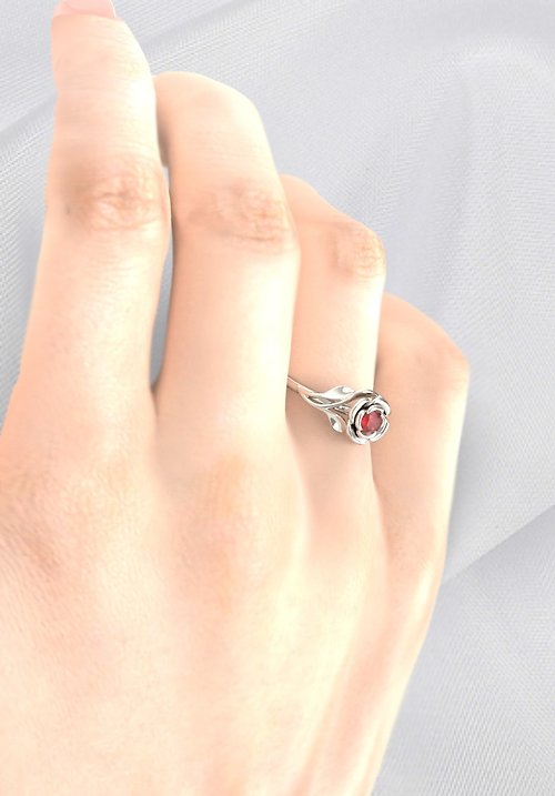 nucheecelic Ruby Flower rose ring, 925 Silver with 18K white Gold Plating, Gift for her