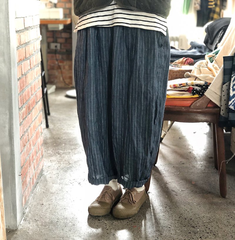 Sand-washed striped linen airy wide pants - กางเกงขายาว - ผ้าฝ้าย/ผ้าลินิน หลากหลายสี