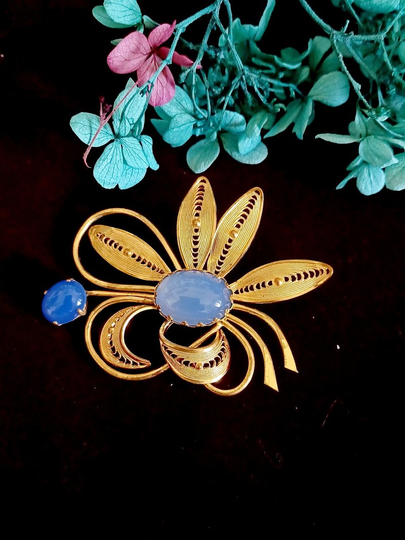 vintage jewelry 西德時期 古董金色掐絲琉璃花卉別針 胸針 - 胸針 - 其他金屬 