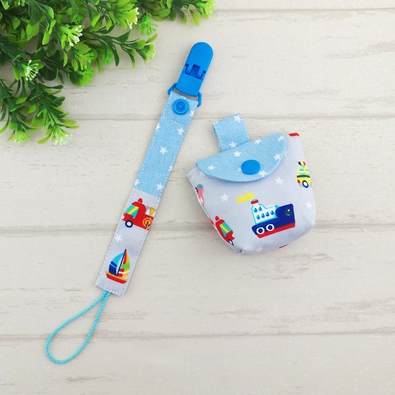 Colored vehicles. Pacifier storage bag / pacifier chain (name can be embroidered) - ขวดนม/จุกนม - ผ้าฝ้าย/ผ้าลินิน สีน้ำเงิน