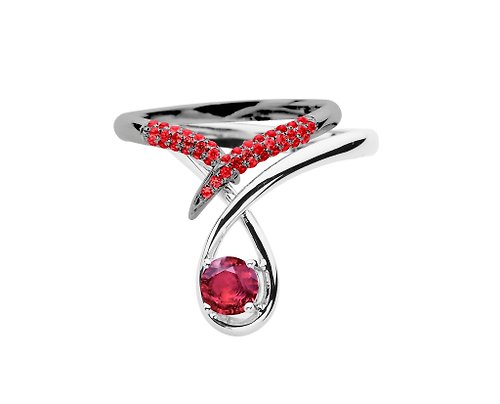 Majade Jewelry Design 紅寶石14k金雙色結婚戒指組合 水滴形求婚戒指 流星訂婚套裝戒指