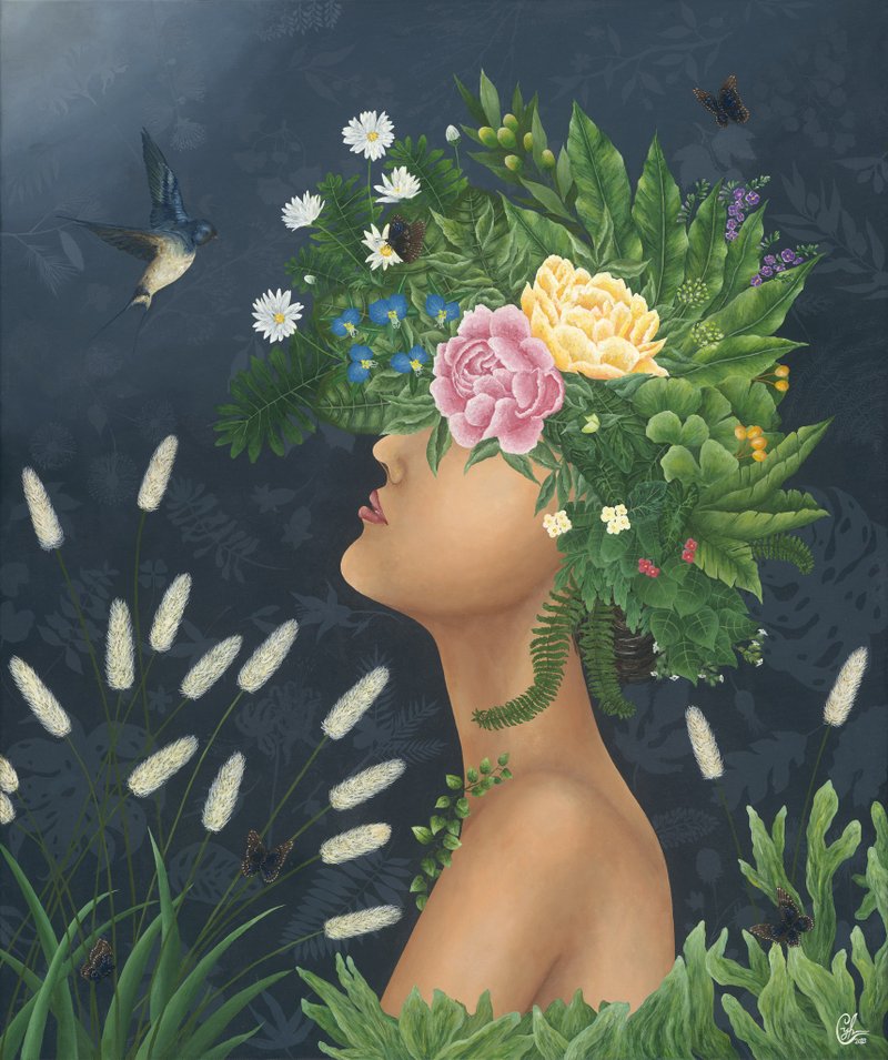 月亮女性繪畫走回本我 Moon&Woman Painting Turn Within - 似顏繪/客製畫 - 棉．麻 多色
