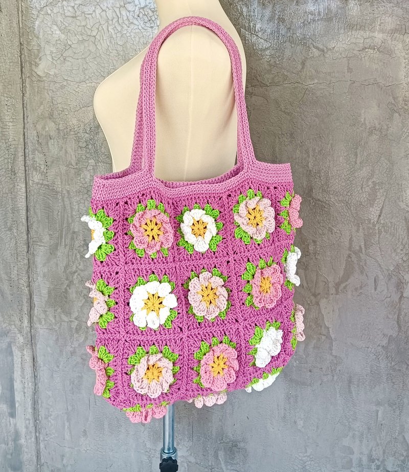 Granny Square flowers woven bag - 手提包/手提袋 - 棉．麻 