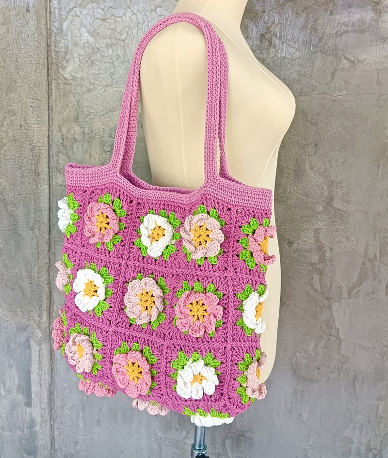 Granny Square flowers woven bag - 手提包/手提袋 - 棉．麻 