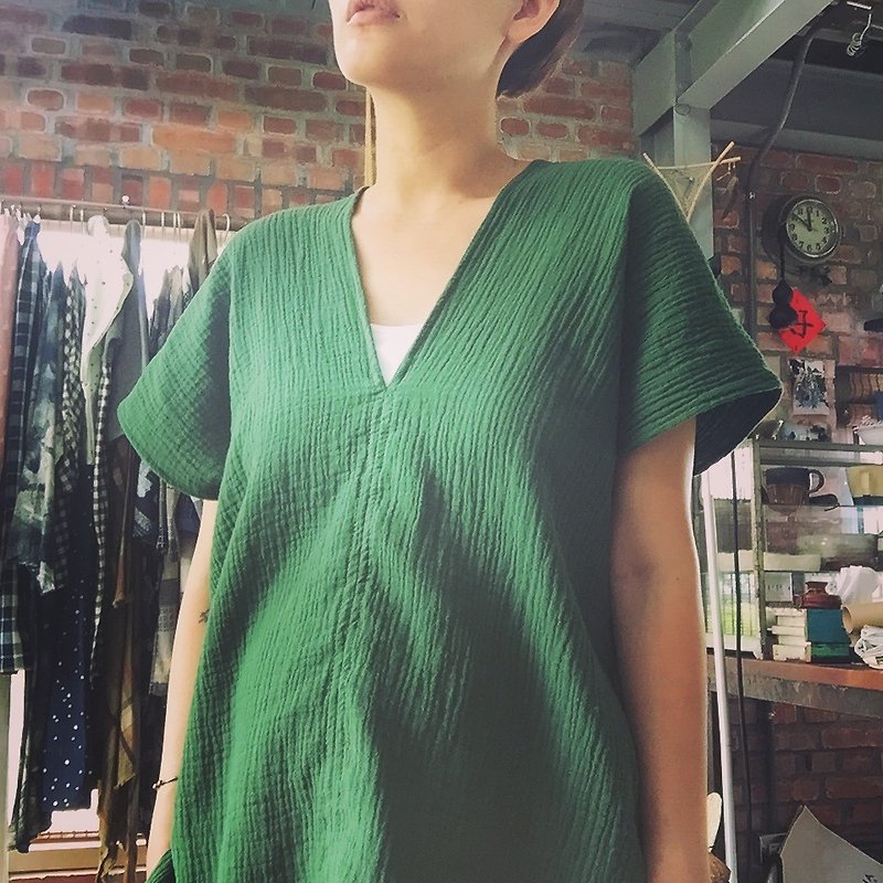 棉．麻 女上衣/長袖上衣 綠色 - 手工服 天然雙層純棉水洗肌理感綠色舒服上衣（多色可訂做）