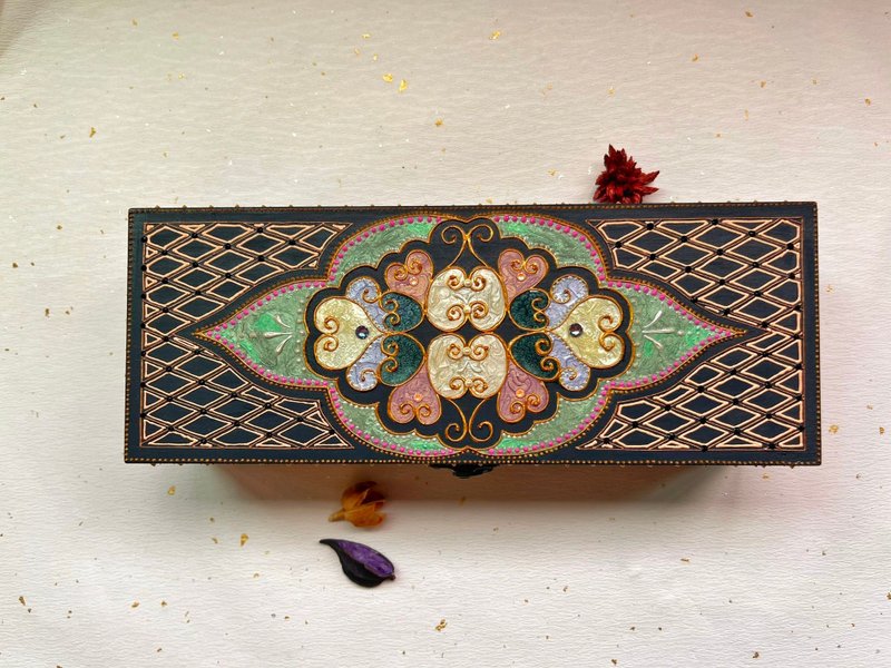 長方形內三格手繪雕花朵木盒/HENNA/曼陀羅/民族風 - 擺飾/家飾品 - 木頭 粉紅色