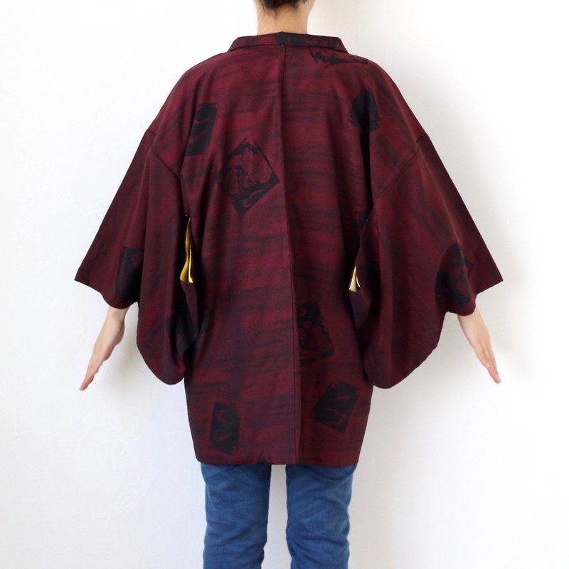 landscape motifs kimono, Authentic kimono, Japanese silk kimono /3417 - ジャケット - シルク・絹 ブラック