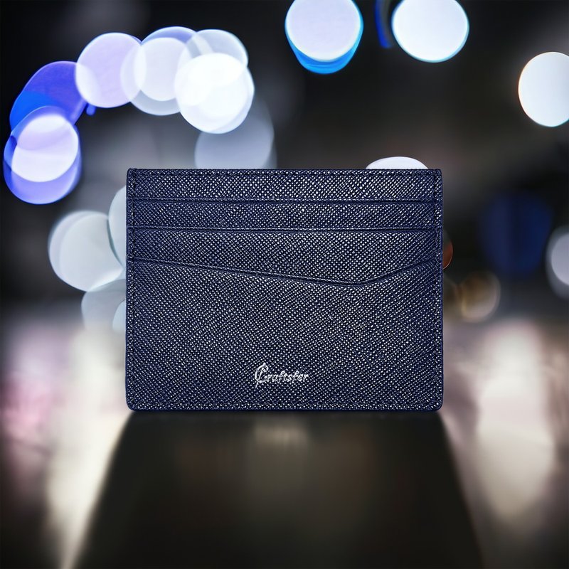 [Engraving] Series V Italian Cross Pattern RFID Credit Card Case (Navy Blue) - ที่เก็บนามบัตร - หนังแท้ สีน้ำเงิน