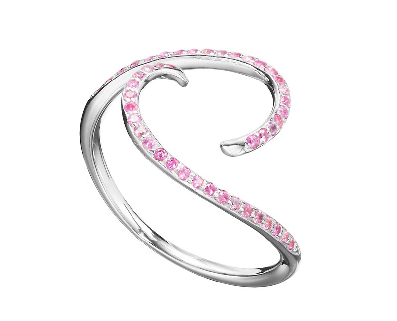 14K白金粉紅剛玉戒指 極簡主義求婚結婚金戒指 簡約漩渦桃紅戒指 - 戒指 - 貴金屬 粉紅色