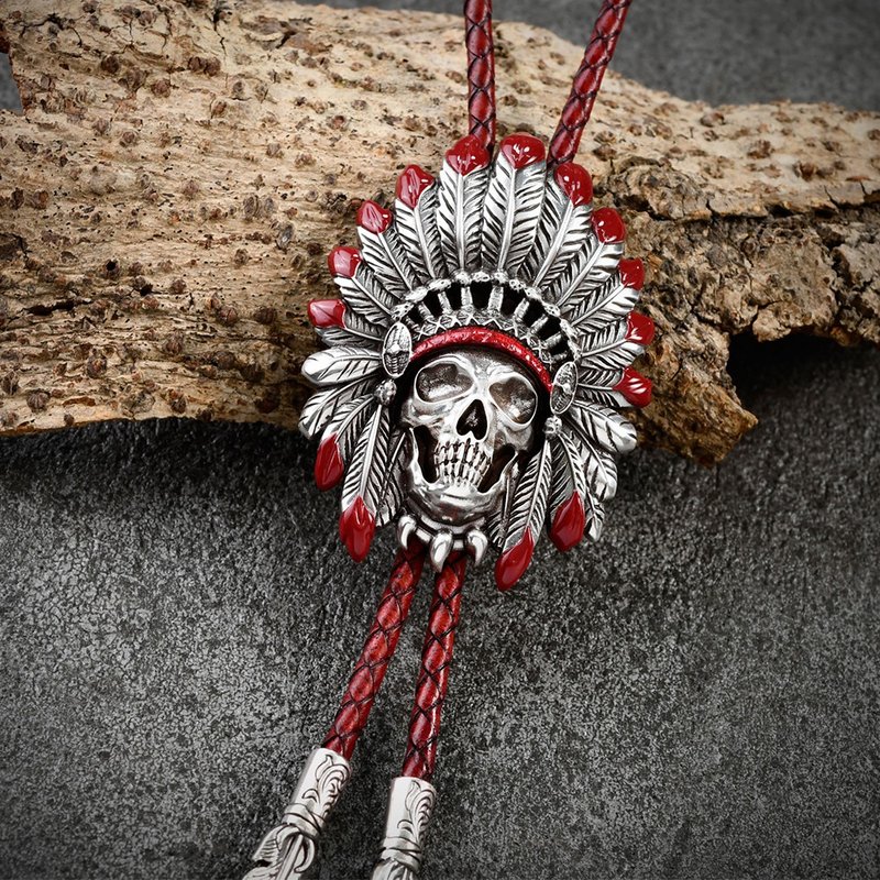 印地安骷髏酋長  保羅領帶 Bolo Tie 真皮 皮革項鍊 皮繩領帶 - 領帶/領帶夾 - 真皮 紅色