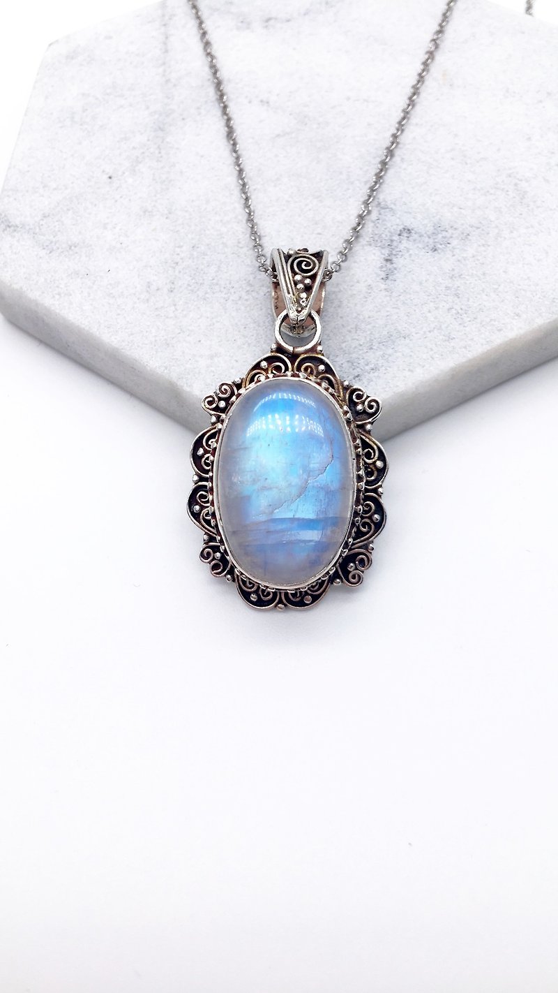 月光石925純銀重工心形花邊項鍊 尼泊爾手工鑲嵌製作-款式2 - 項鍊 - 寶石 藍色