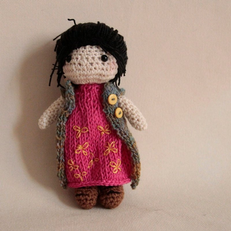 Yarn Doll | Petite Beauty | Korean Style Skirt + Robe | Top Knot Doll - Stuffed Dolls & Figurines - Polyester Pink