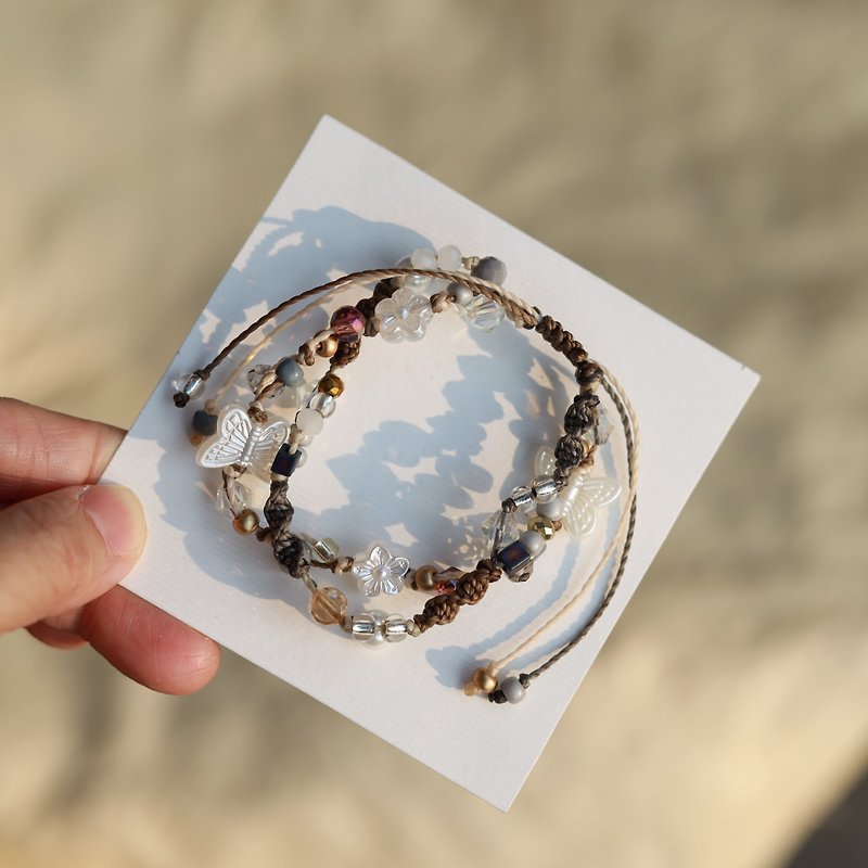Gray white butterfly woven waxed cord double layered bracelet - สร้อยข้อมือ - งานปัก สีเทา